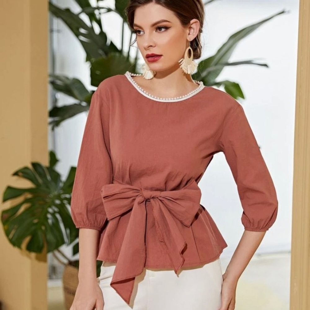 Pearl Beaded Neckline Belted Top